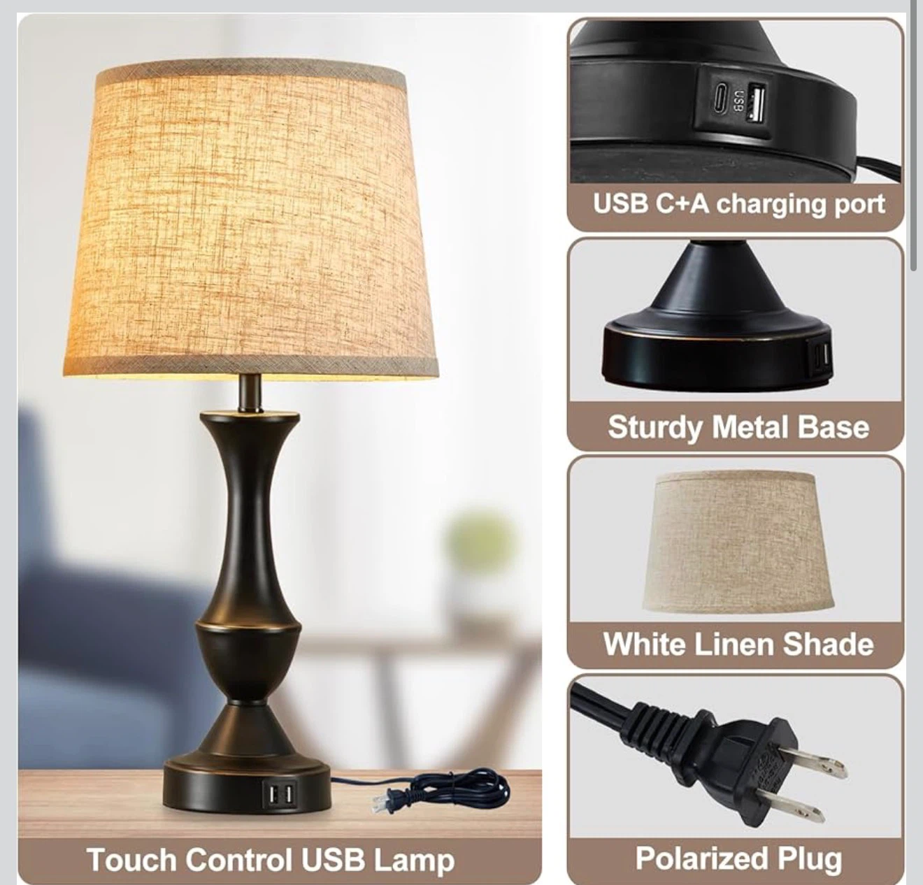 Luvkczc 22" Tall Touch Bedside Lamp with USB Charging Ports 22T - photo 3