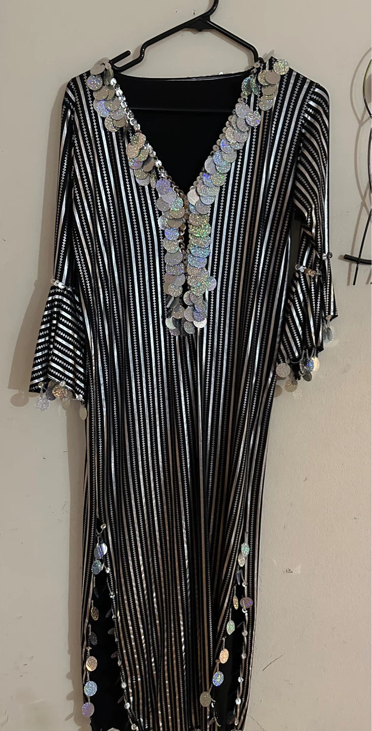 Black and White Striped Kaftan with Sequins