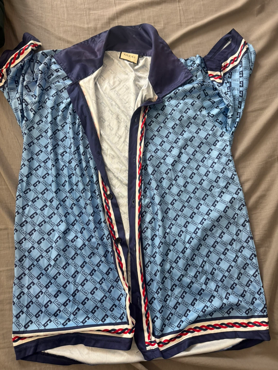 Gucci Men's Light Blue GG Pattern Short Sleeve Button-Up Shirt