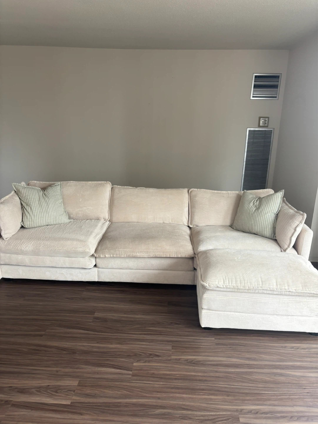 Cream Corduroy Sectional Sofa with Ottoman