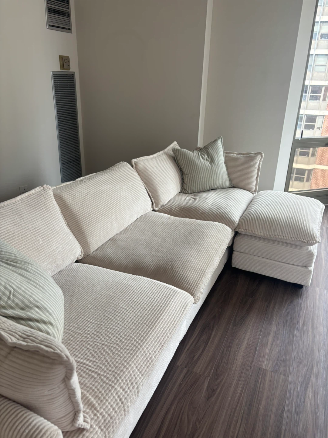 Cream Corduroy Sectional Sofa with Ottoman - photo 4