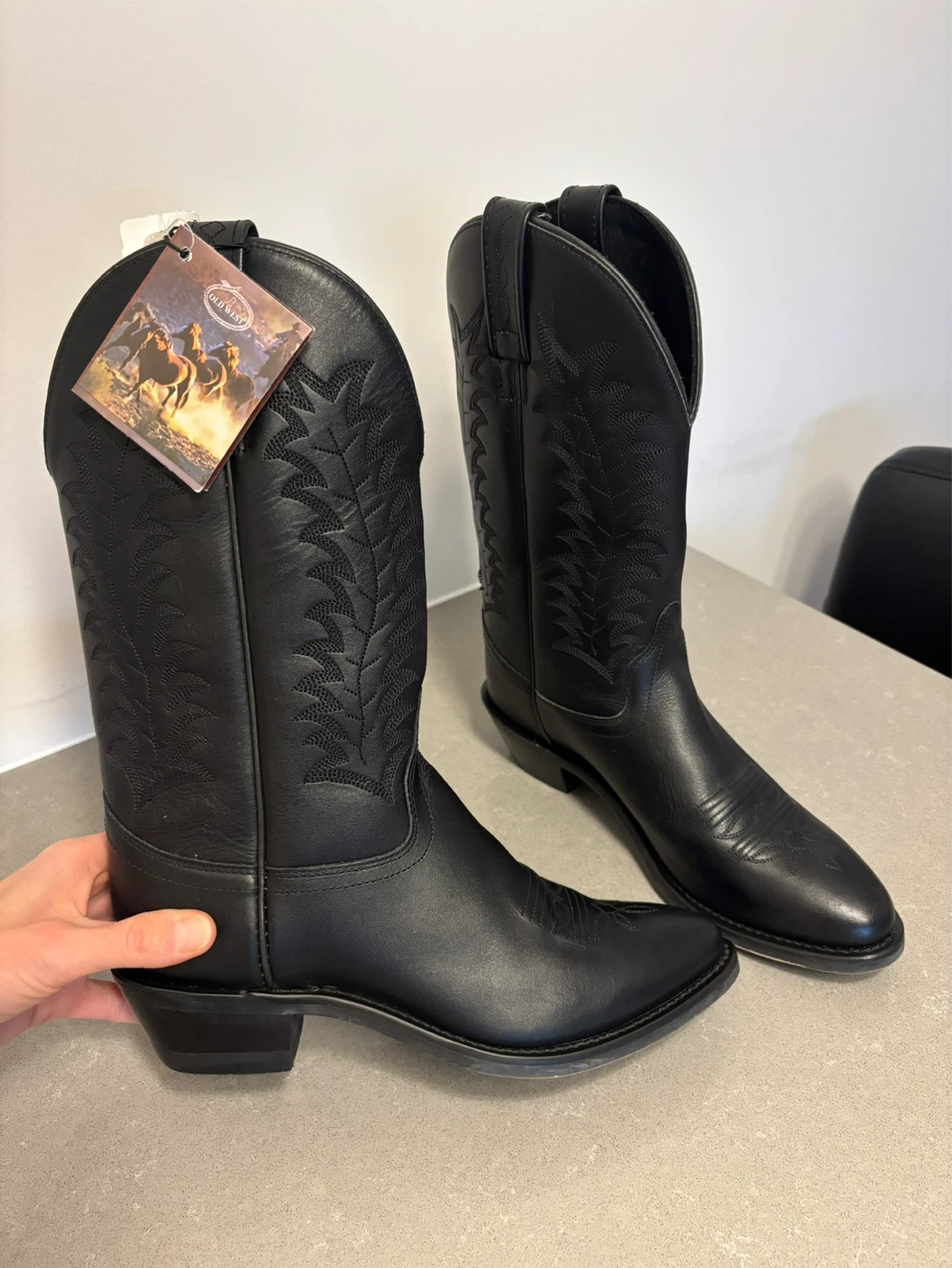 Old West Black Leather Cowboy Boots