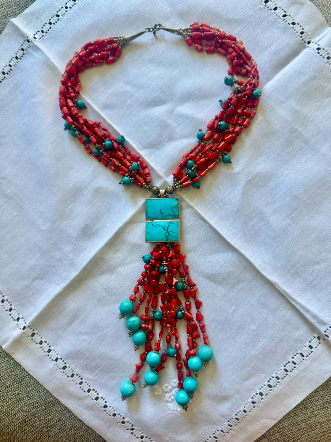 Red Mediterranean Coral and Turquoise Beaded Necklace