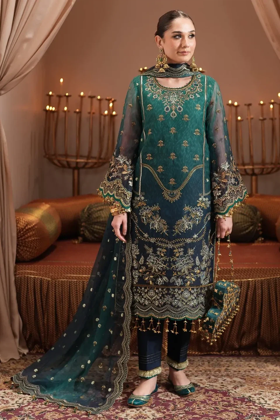 Embroidered Teal and Navy Blue Dress with Dupatta