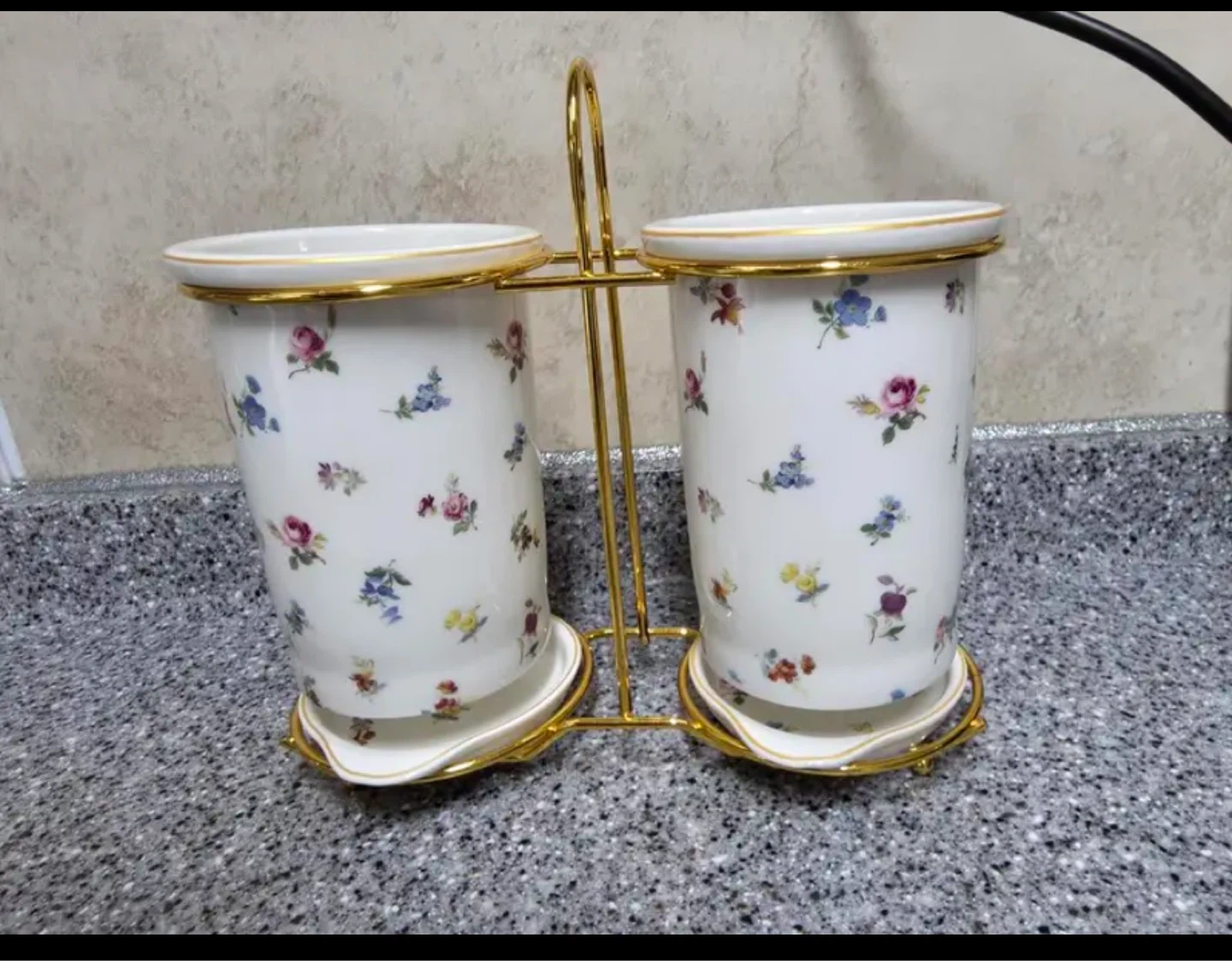 Floral Ceramic Utensil Holder with Gold Stand⚽️