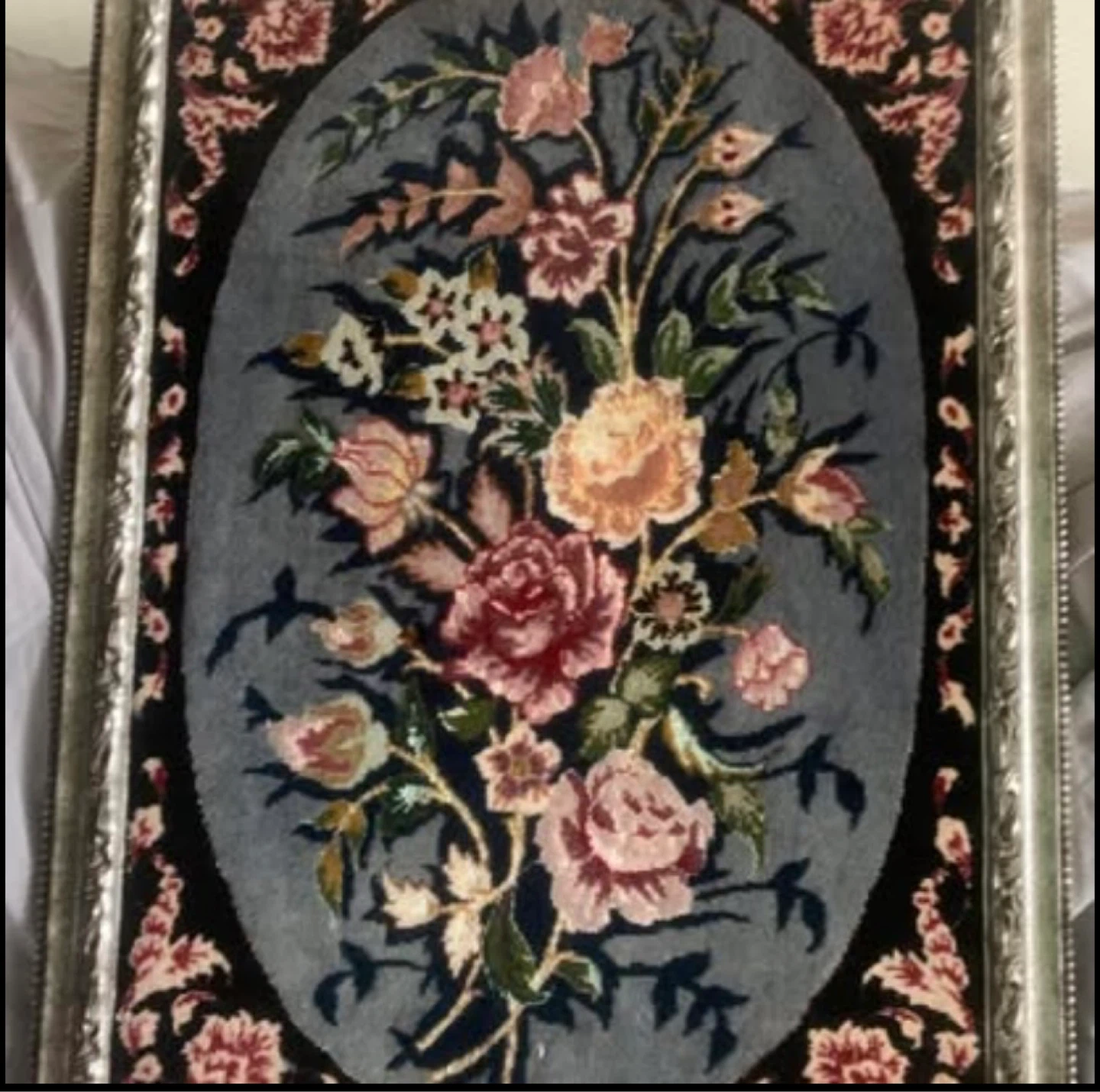Persian rug framed wool + SILK Flowrs 60 knotted by Master 1
