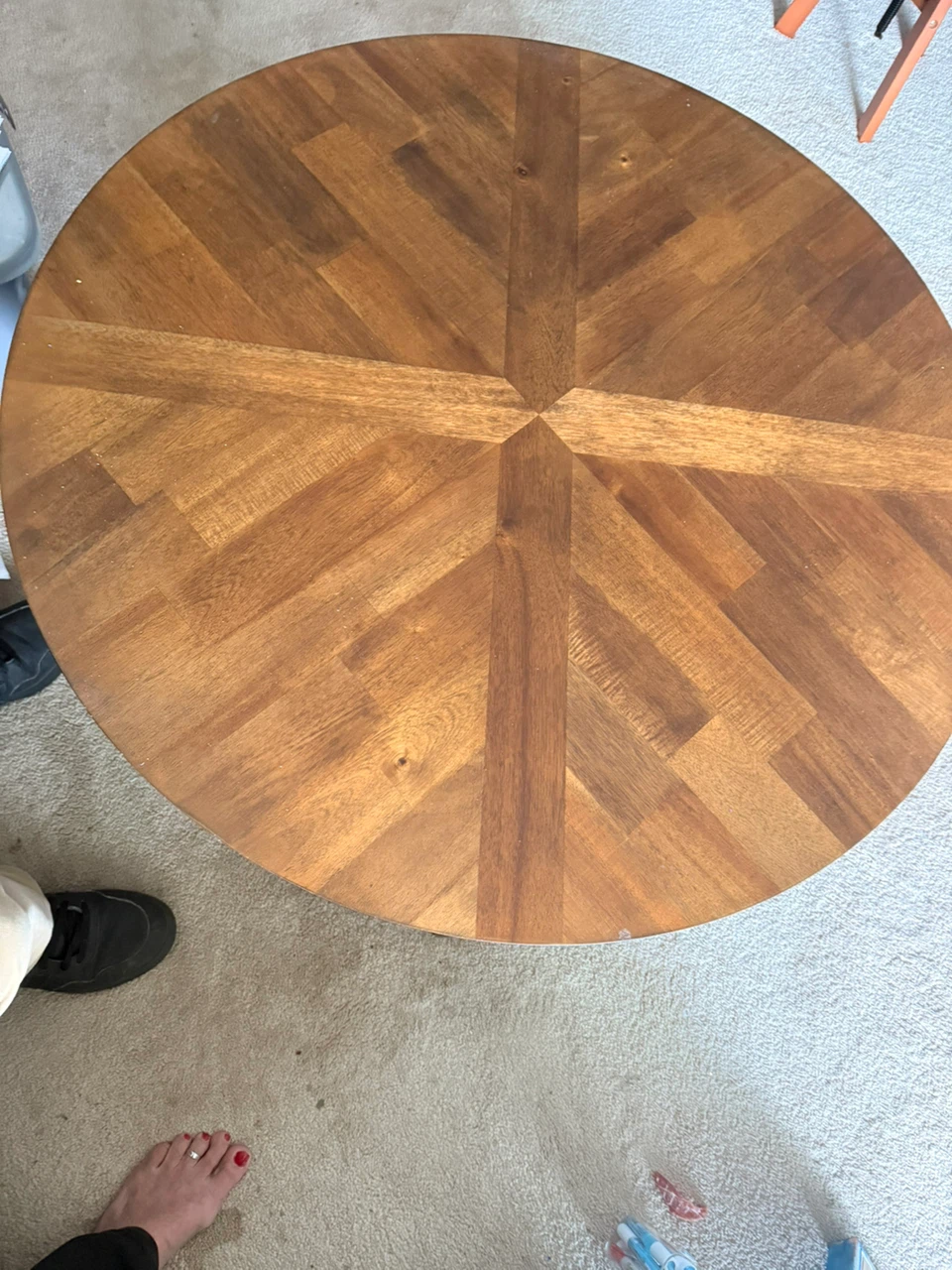 Round Wood Coffee Table with Geometric Top