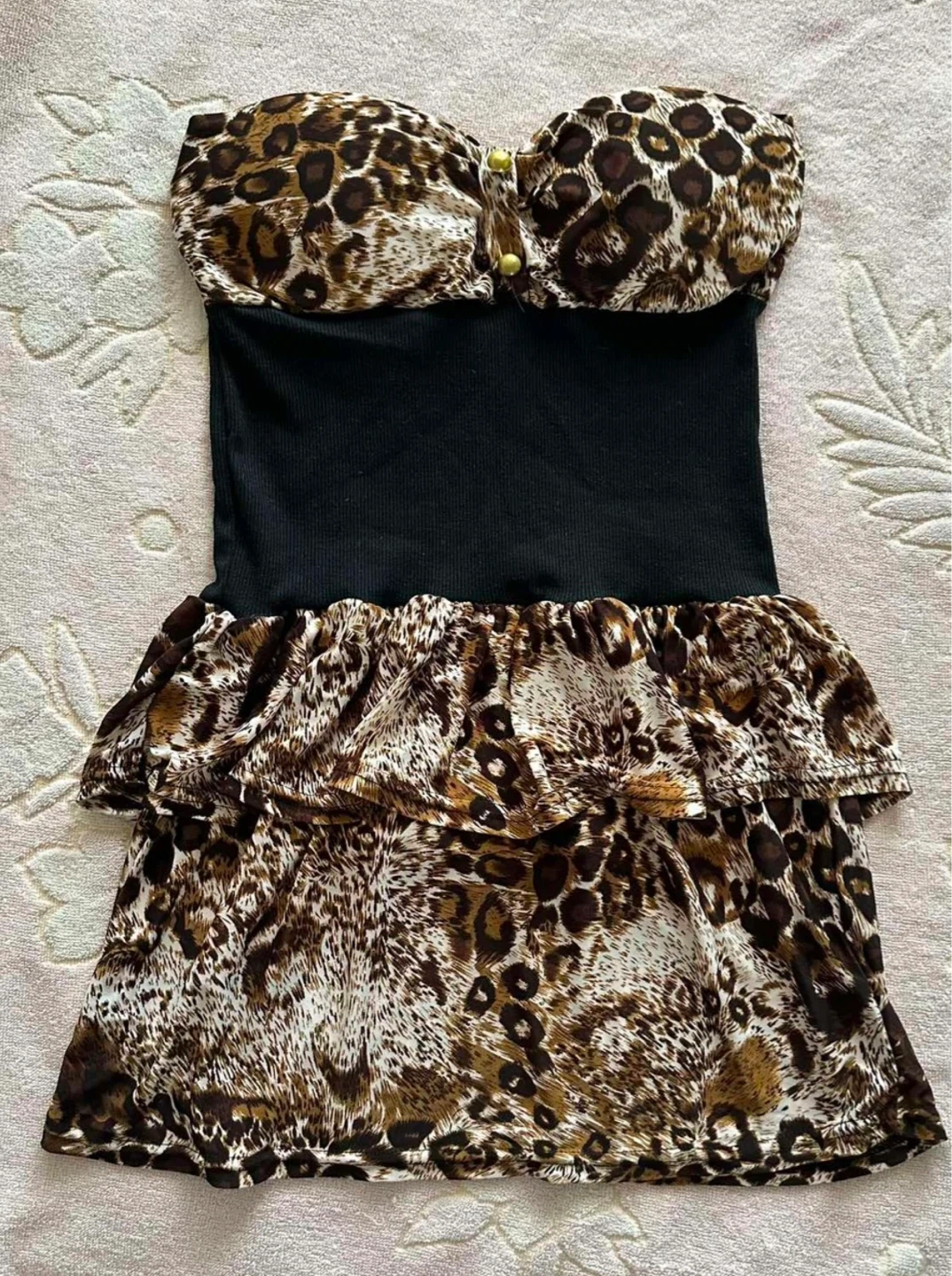 Strapless Leopard Print Ruffle Dress