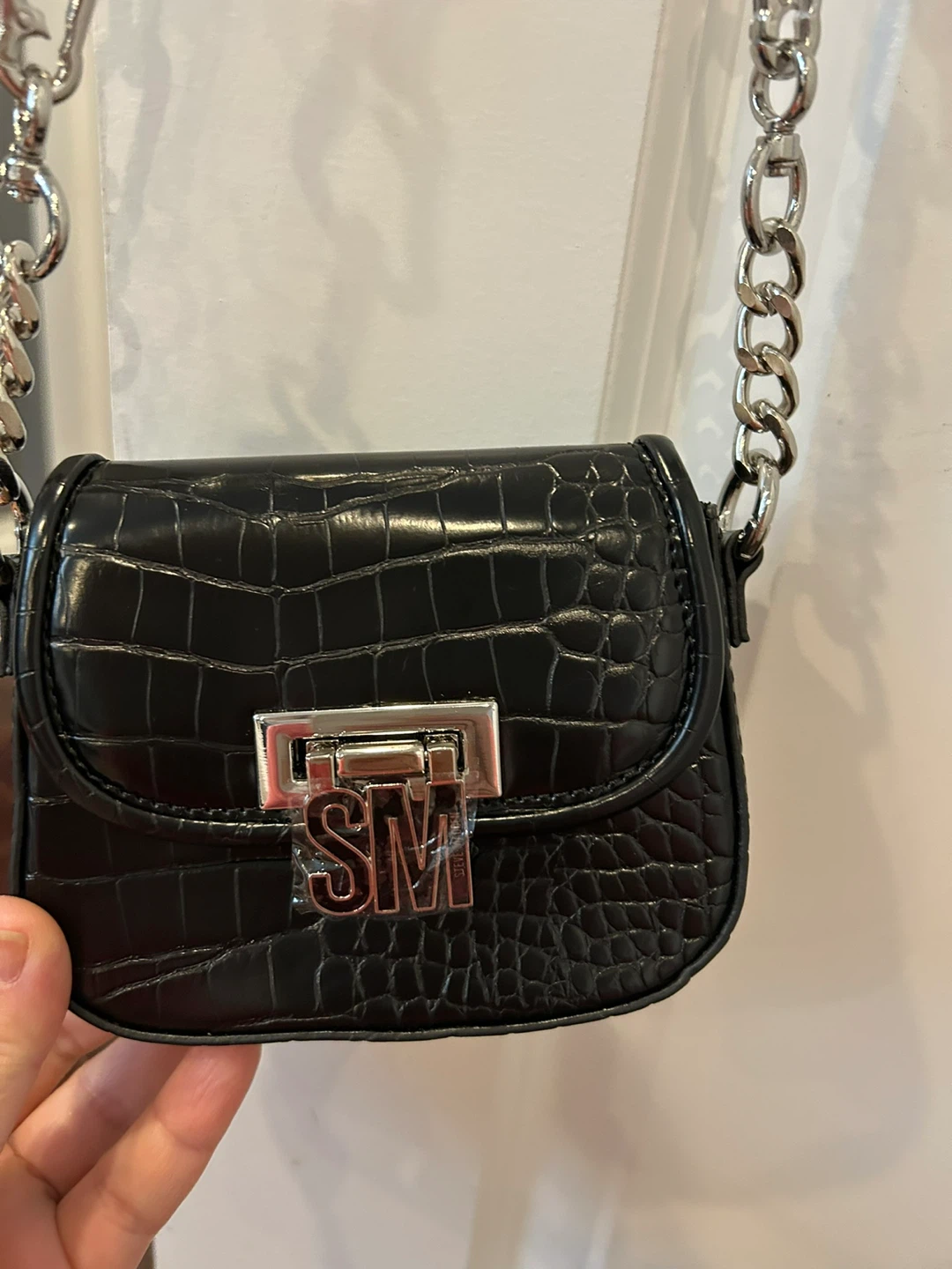 Steve Madden Black Croc Embossed Mini Bag with Chain