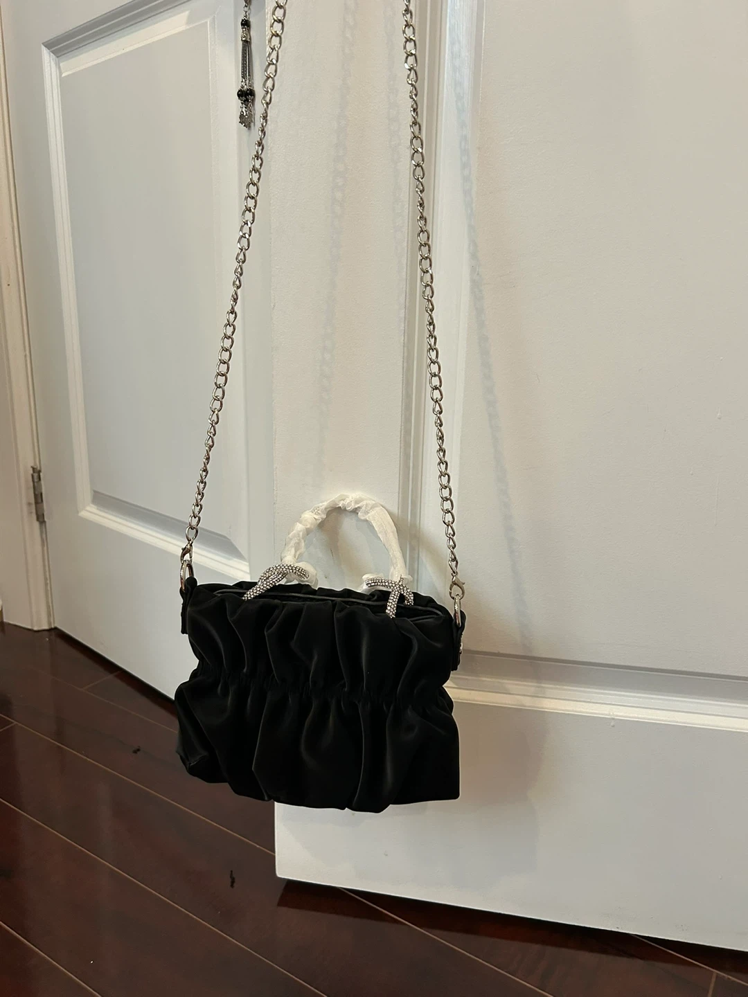 Black Velvet Ruched mini Handbag with Rhinestone Detail - photo 2