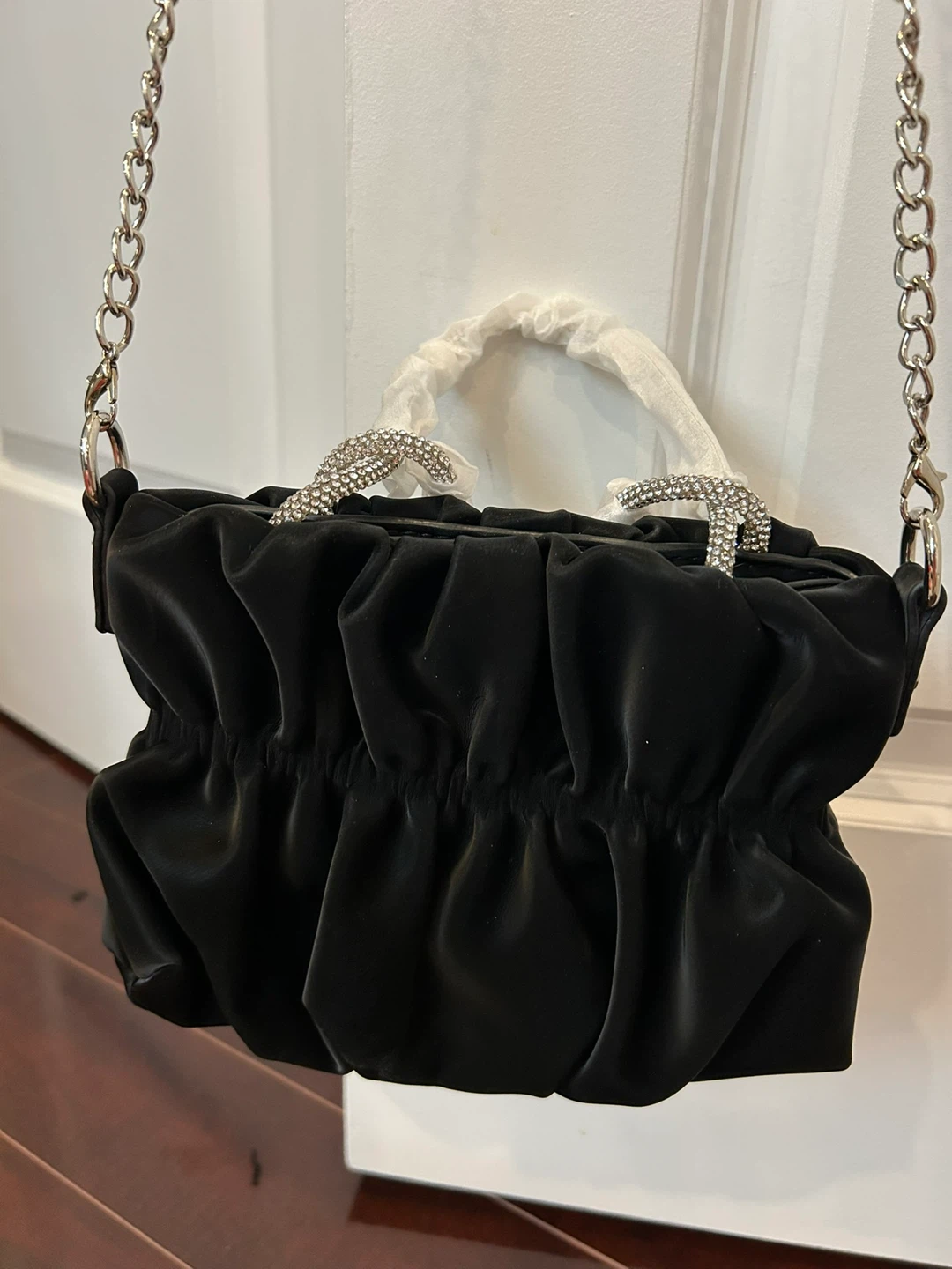 Black Velvet Ruched mini Handbag with Rhinestone Detail