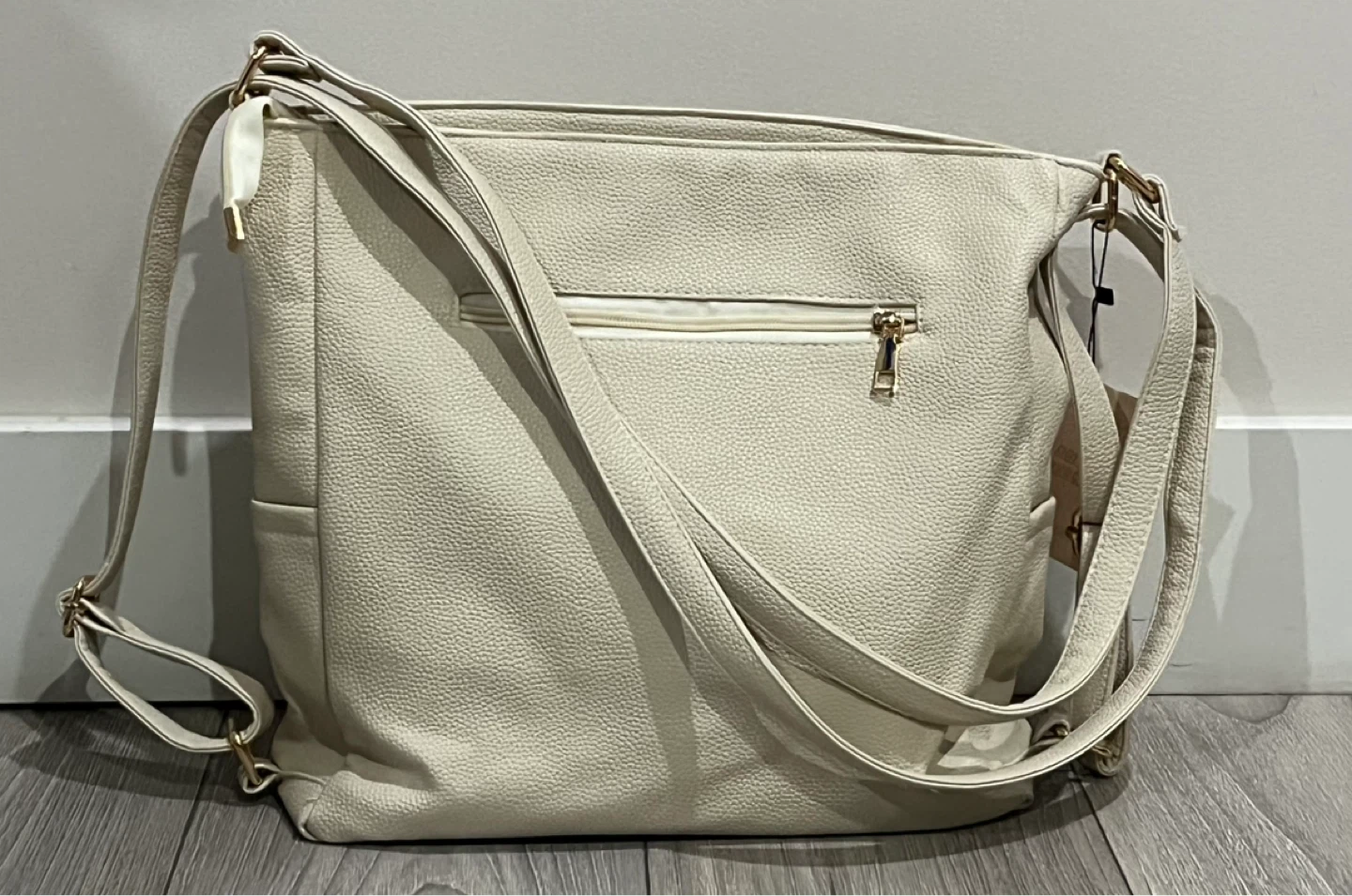Cream Faux Leather Convertible Backpack Purse