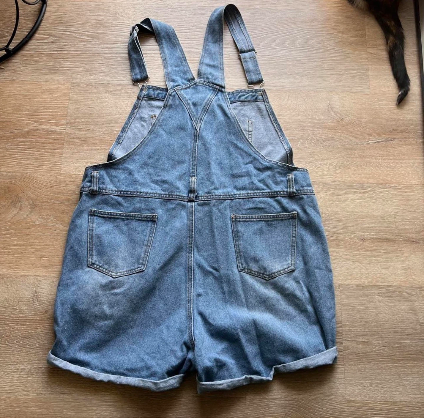 Woman 100% cotton blue denim overall shorts, dungarees, size L - photo 2