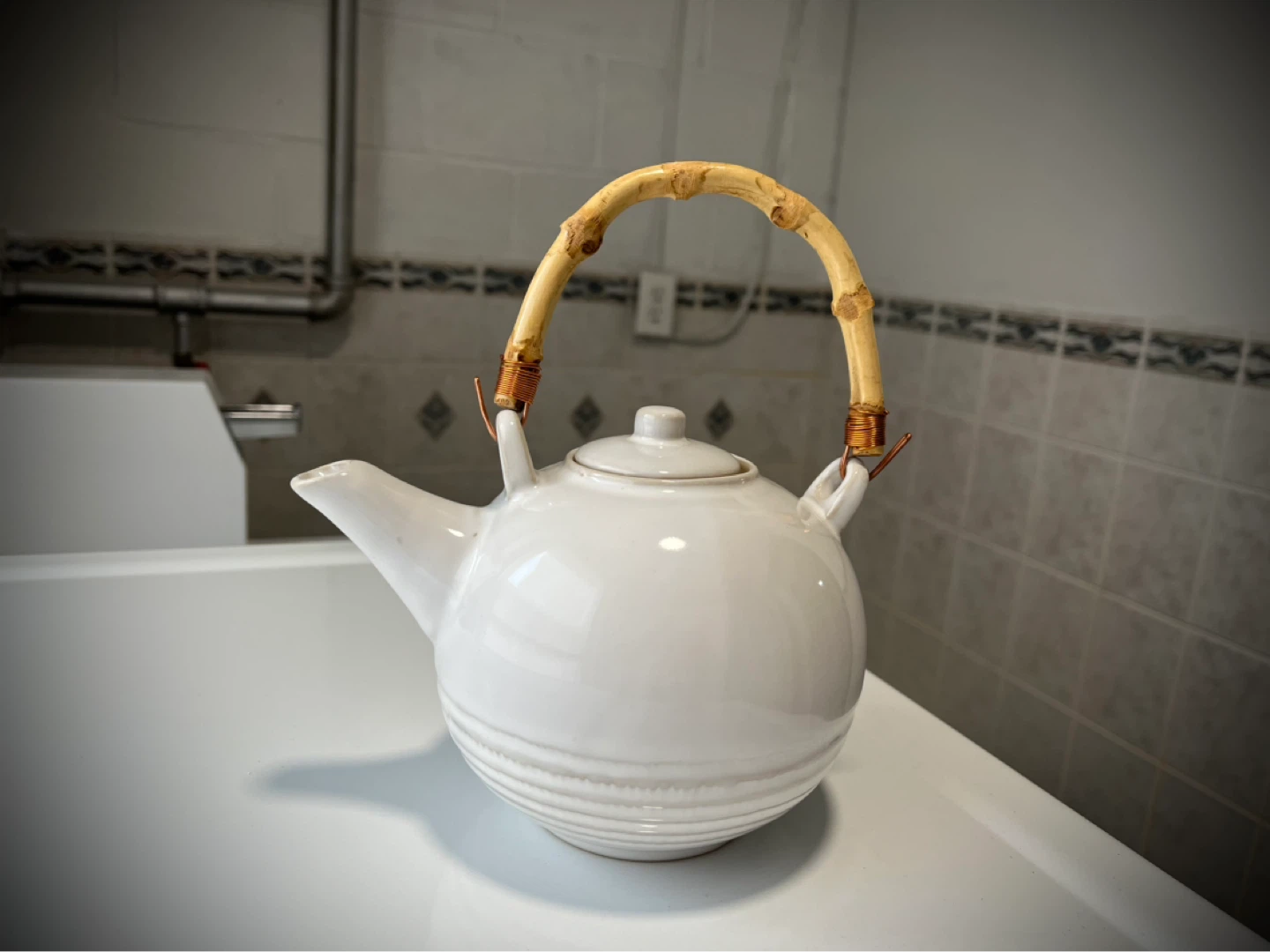 White Teapot with Bamboo Handle