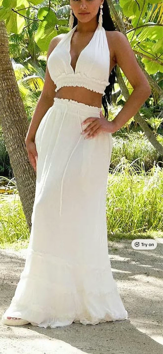 White Halter Neck Crop Top & Maxi Skirt Set - photo 2