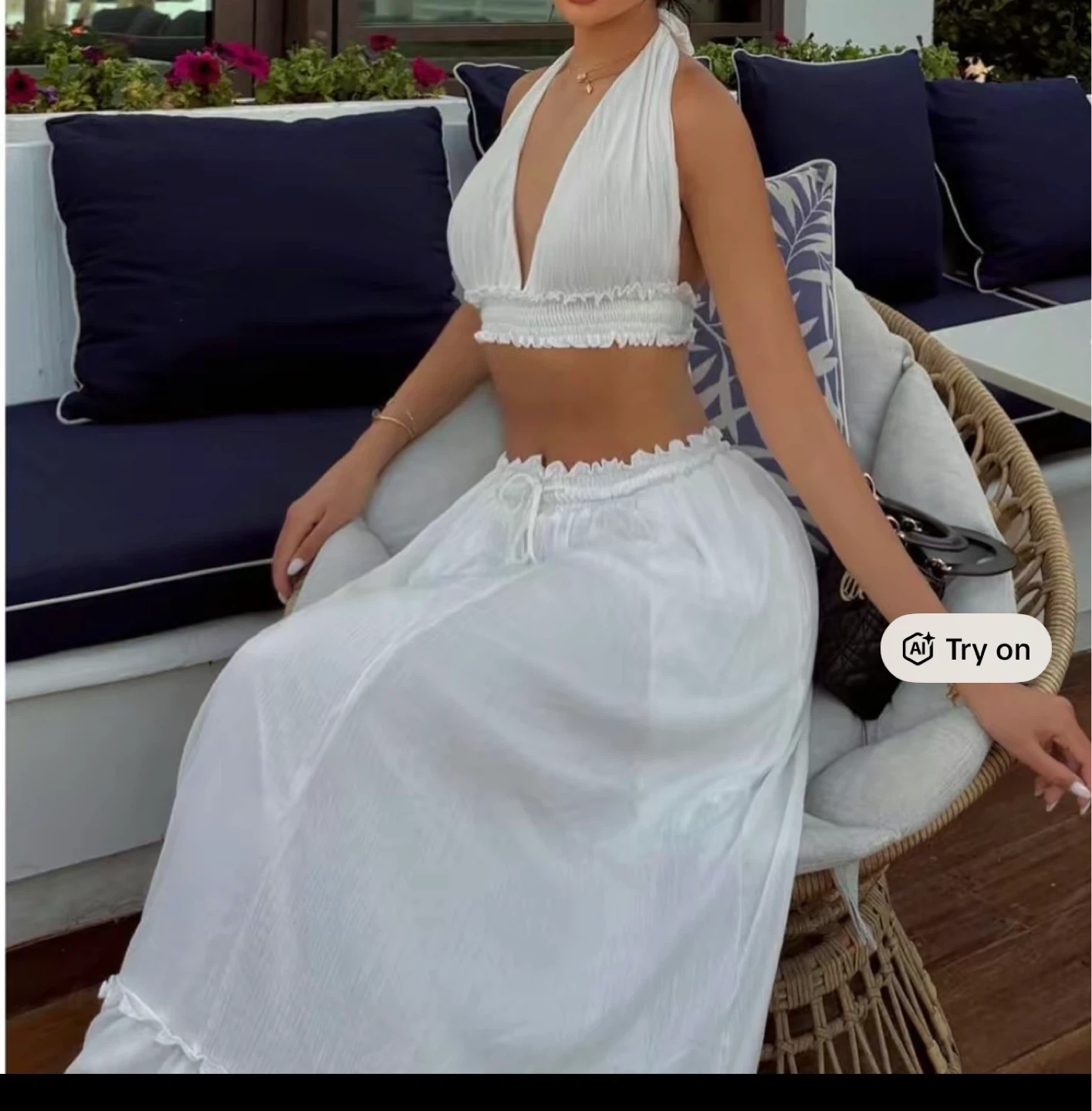 White Halter Neck Crop Top & Maxi Skirt Set