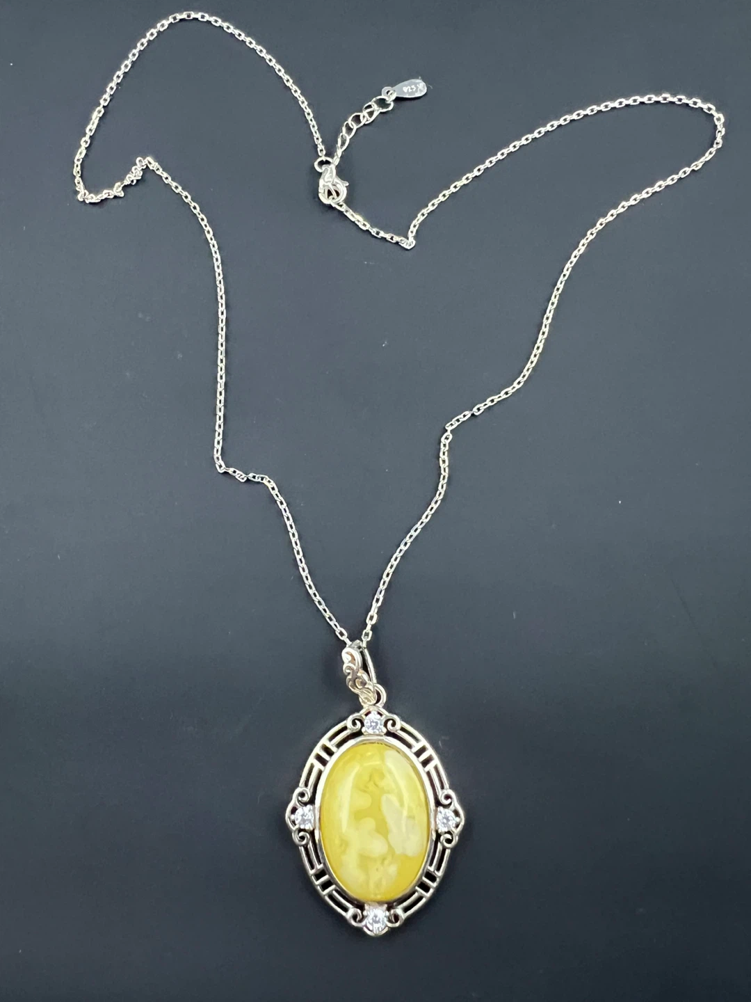 Vintage Style Amber Sterling Silver Pendant Necklace