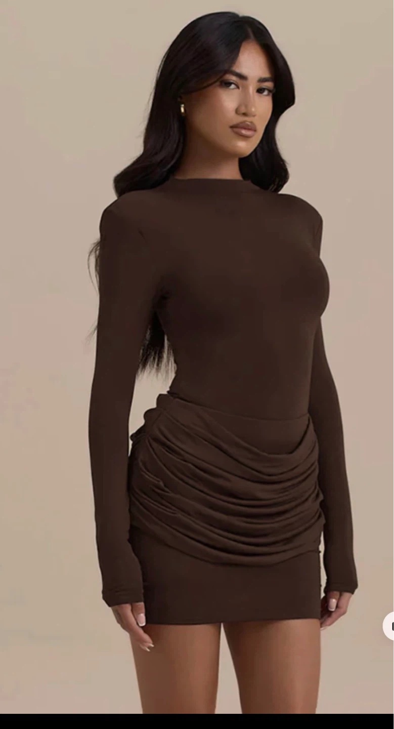 Brown Ruched Long Sleeve Mini Dress
