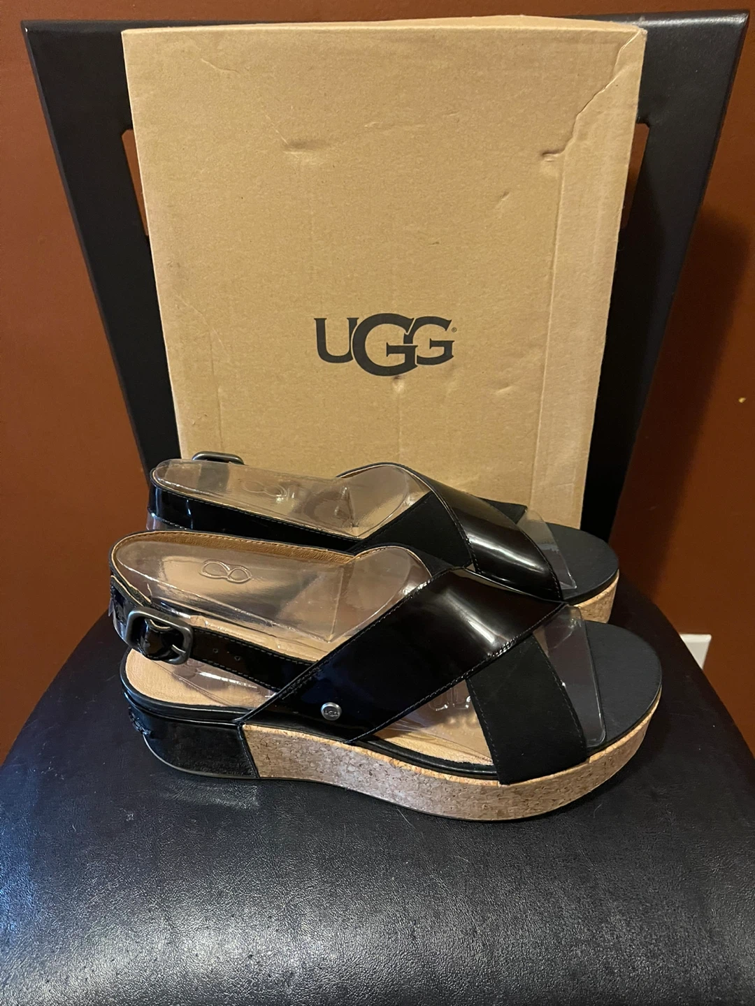 UGG Black Patent Strappy Platform Sandals size8