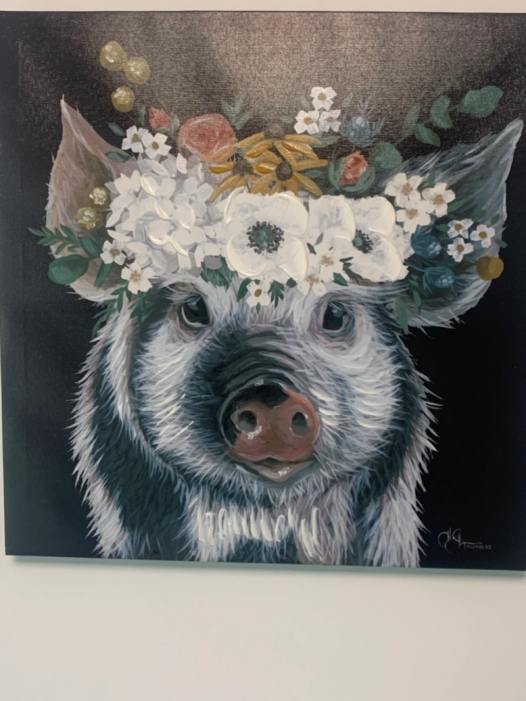Painting of a pig with a floral crown