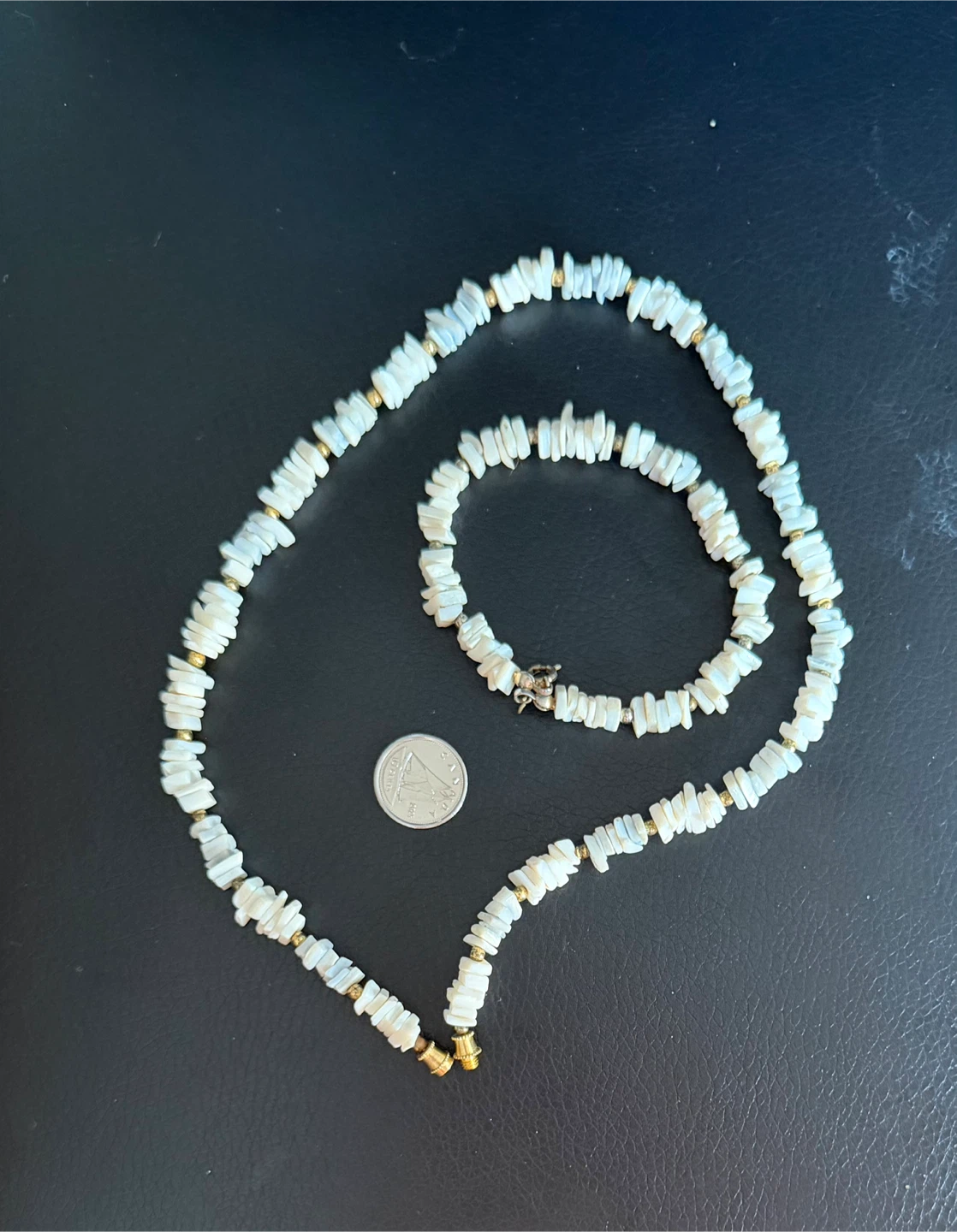 White Shell Necklace and Bracelet Set with Gold Accents