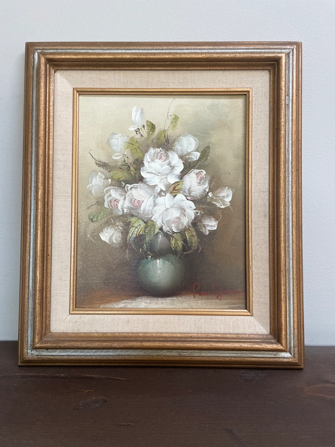 Framed Oil Painting of White Roses
