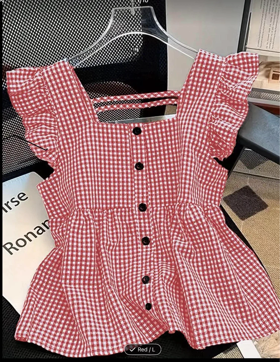Red Gingham Square Neck Ruffle Sleeve Top