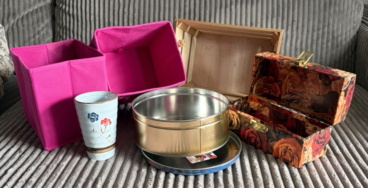 Assorted Storage Containers and Tin