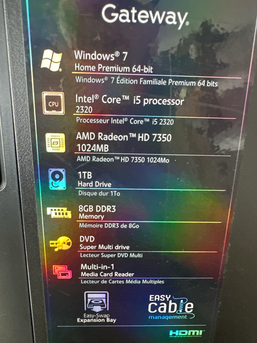 Gateway desktop tower — i5, 8GB DDR3, Radeon GPU — no HDD