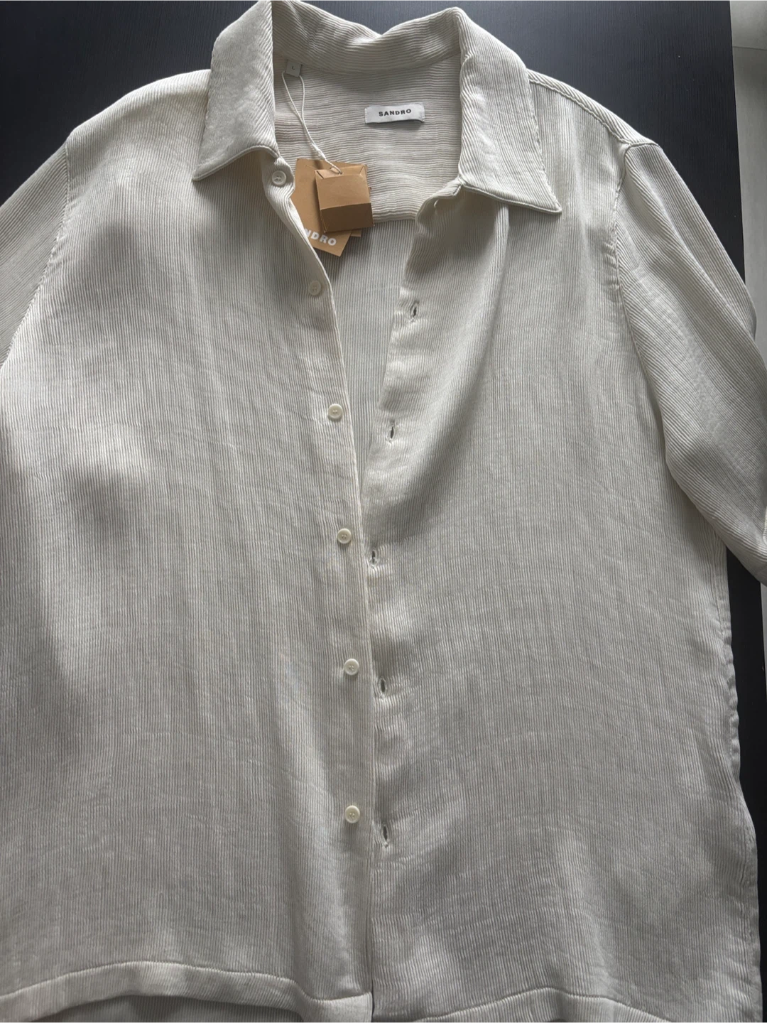 Sandro Cream Ribbed Short Sleeve Button-Up Shirt - Size L