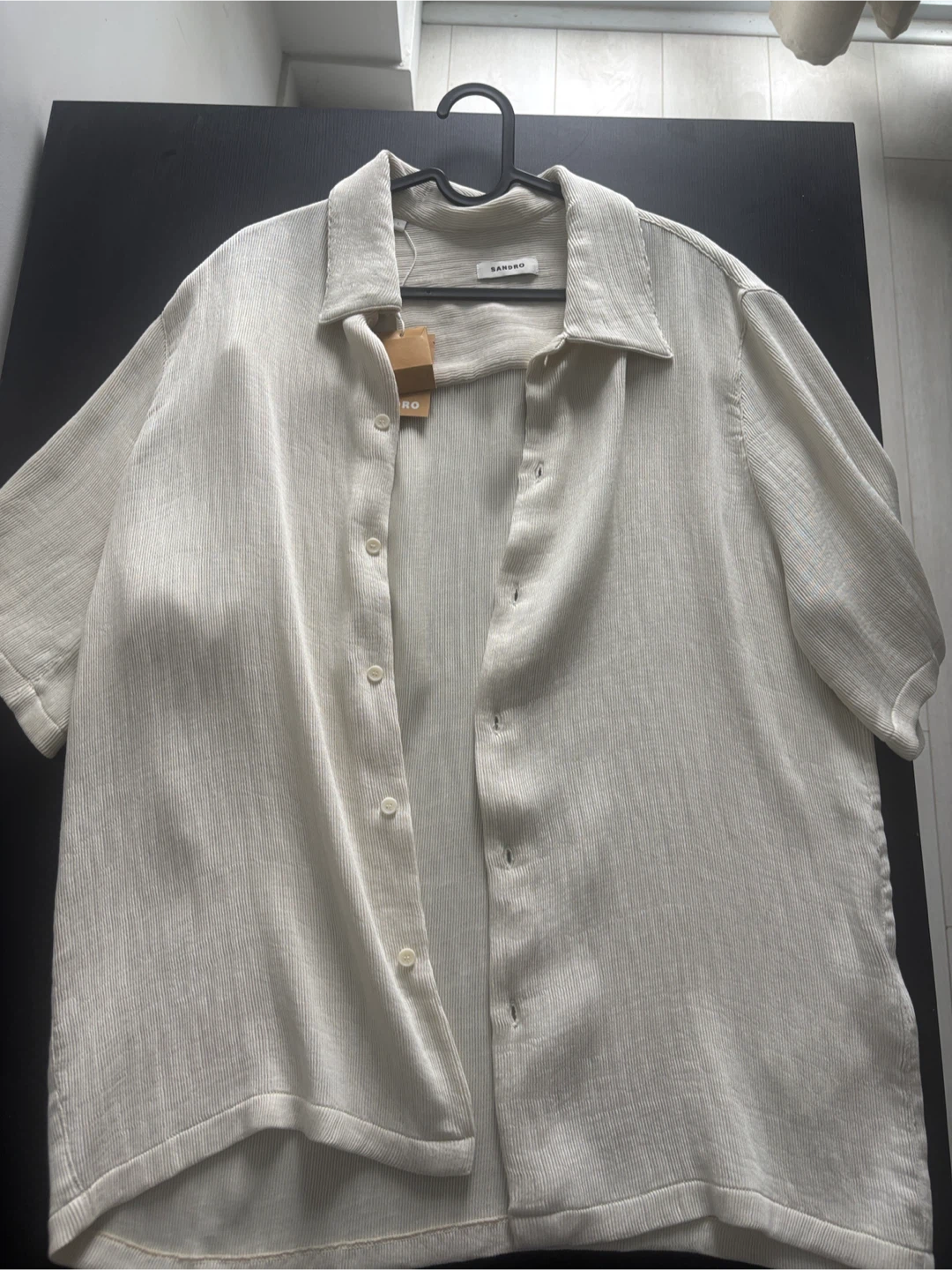 Sandro Cream Ribbed Short Sleeve Button-Up Shirt - Size L - photo 3