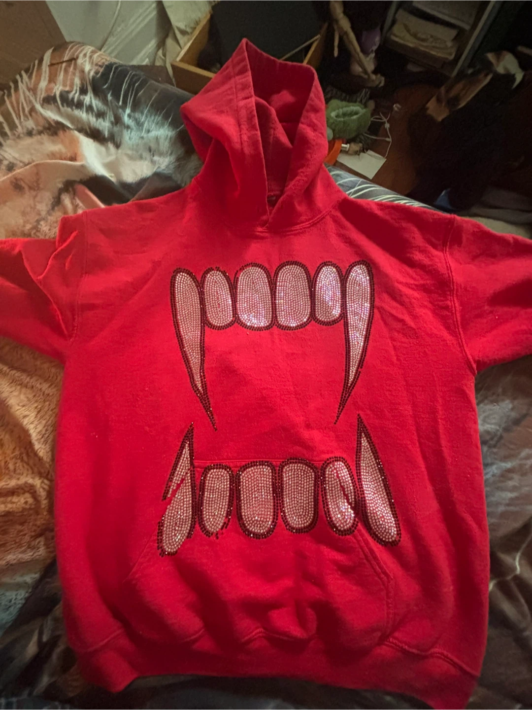 Red Hoodie with Rhinestone Vampire Teeth