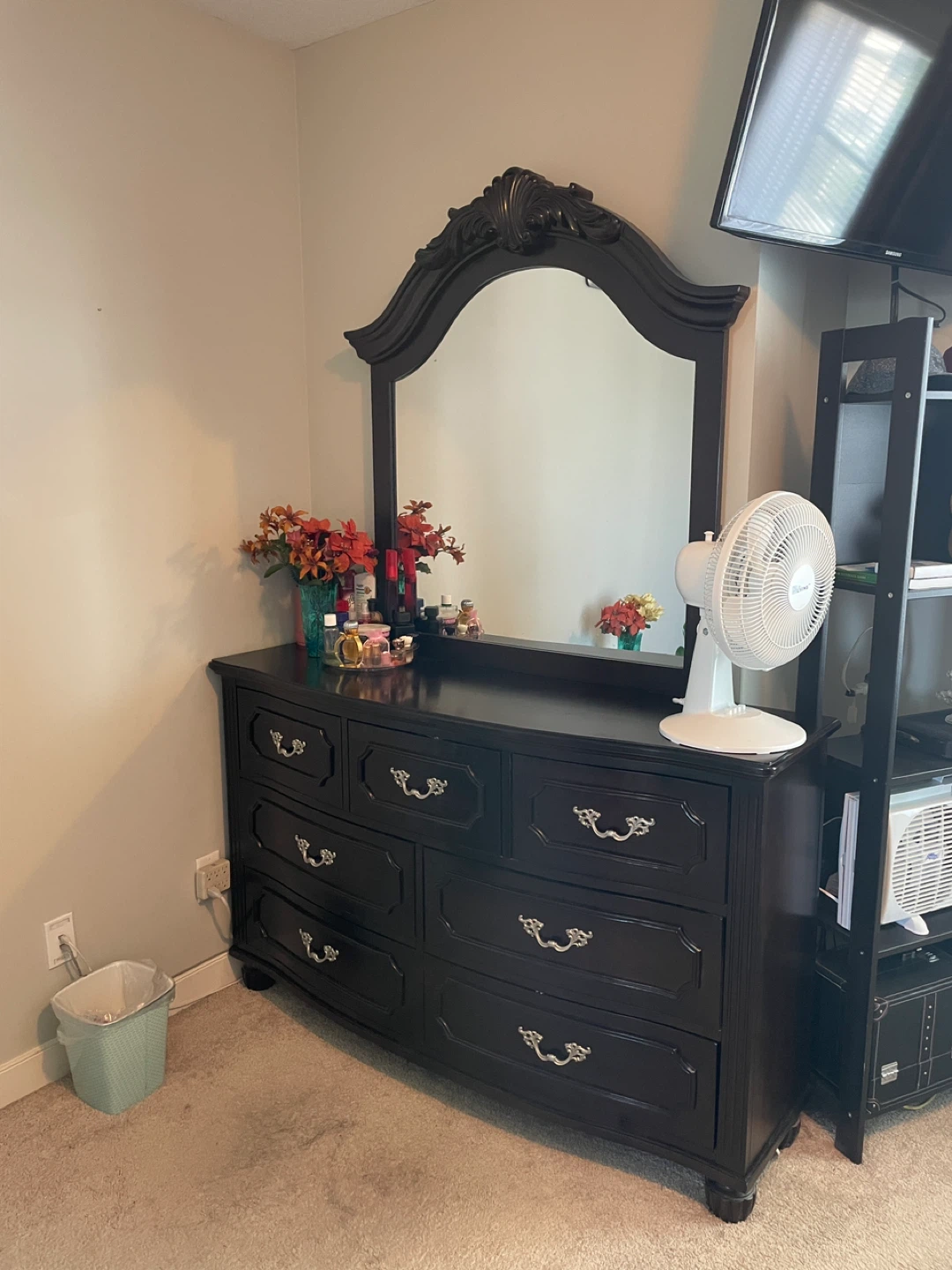 Dark Solid Wood Dresser with Mirror