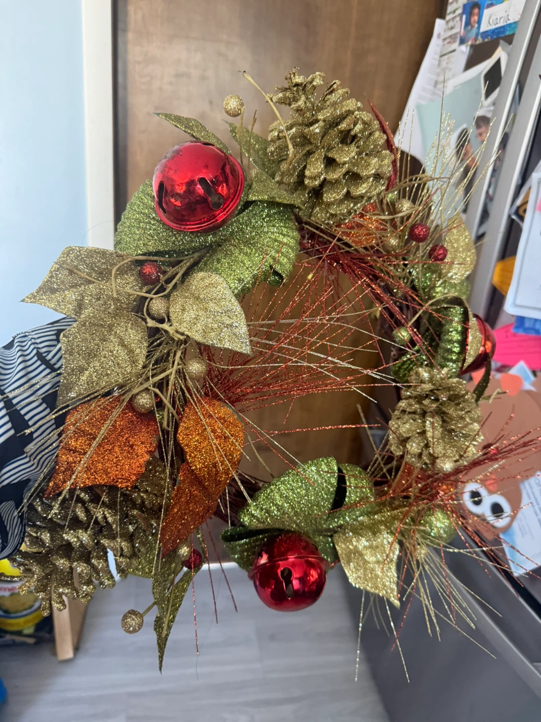 Holiday Wreath with Pinecones and Bells