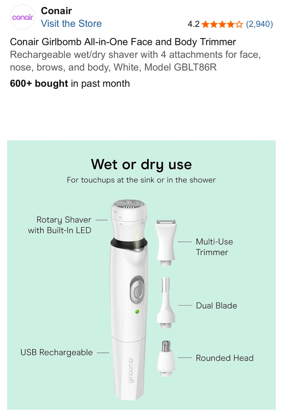 NEW⚽️Conair Girlbomb All-in-One Face and Body Trimmer - photo 5