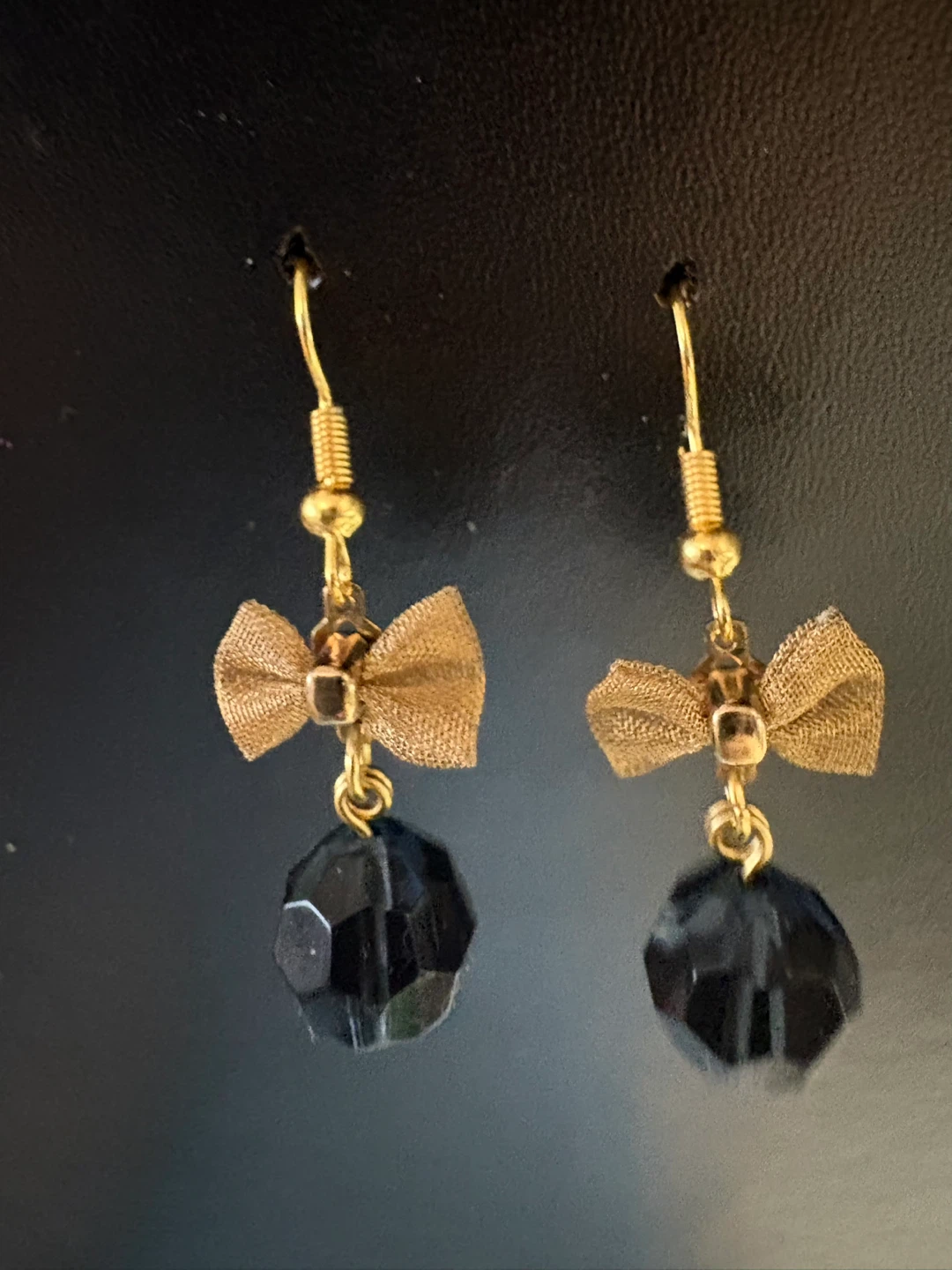 Gold Bow & Black Gem Drop Earrings ⚽