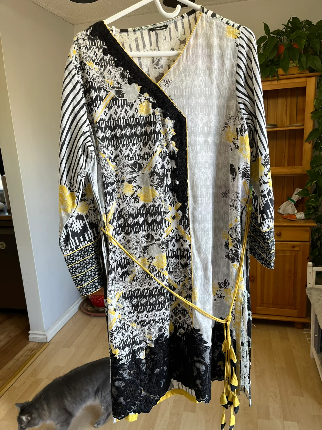 Women's Black and White Striped Floral Kurti with Dupatta