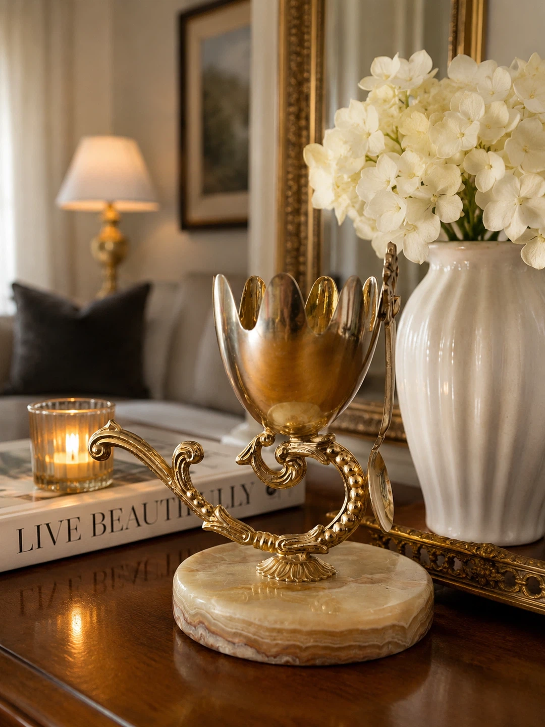 Gold Egg Cup with Spoon and Marble Base