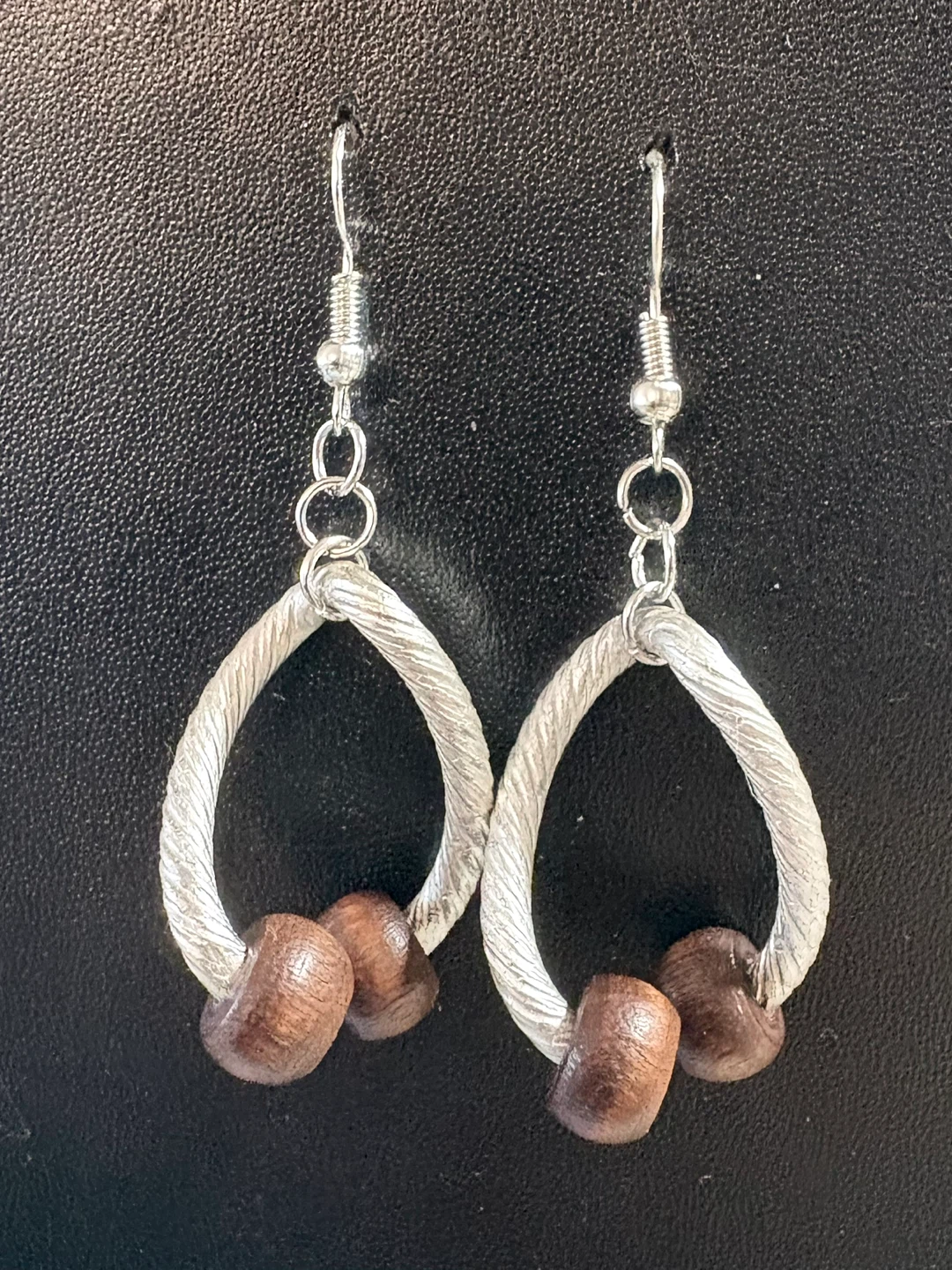 ⚽ Silver Tone Hoop Earrings with Wood Beads - photo 2