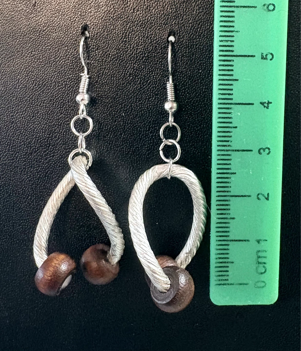 ⚽ Silver Tone Hoop Earrings with Wood Beads