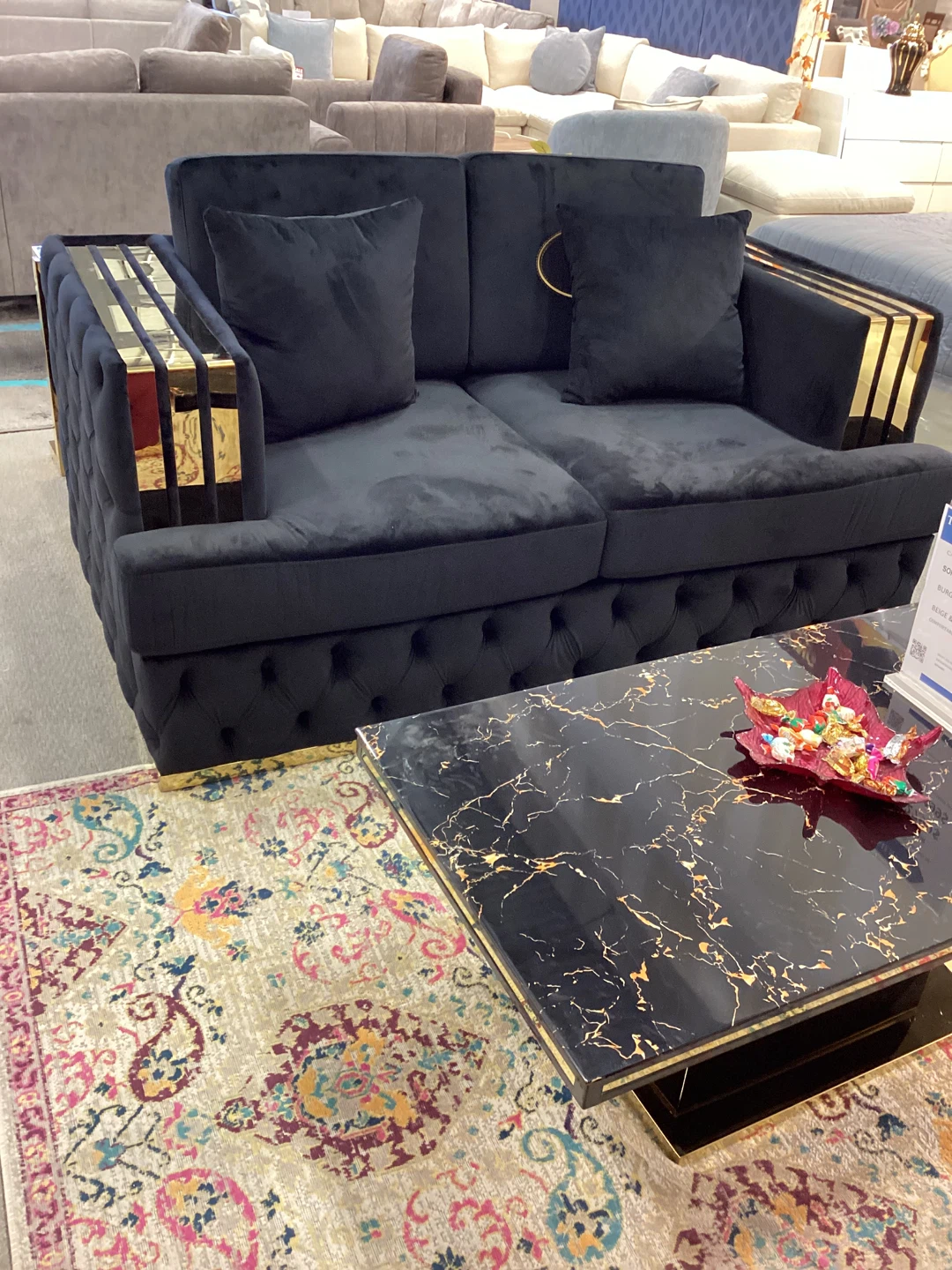 Black Velvet Loveseat with Gold Accents