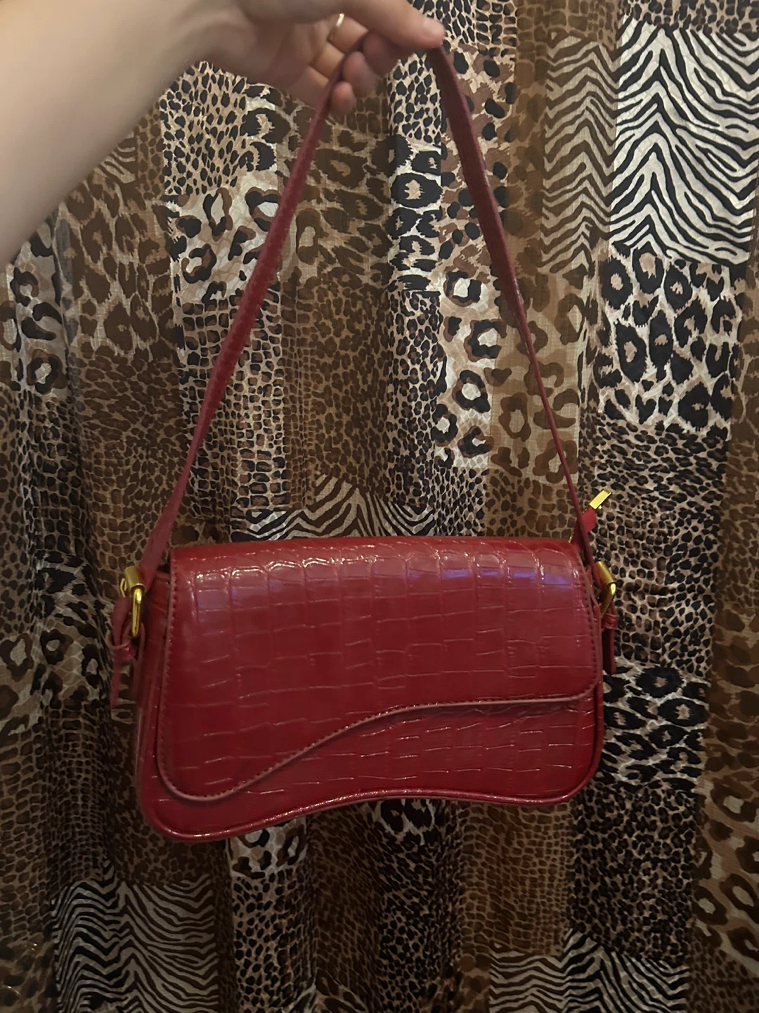 Red Croc Embossed Shoulder Bag