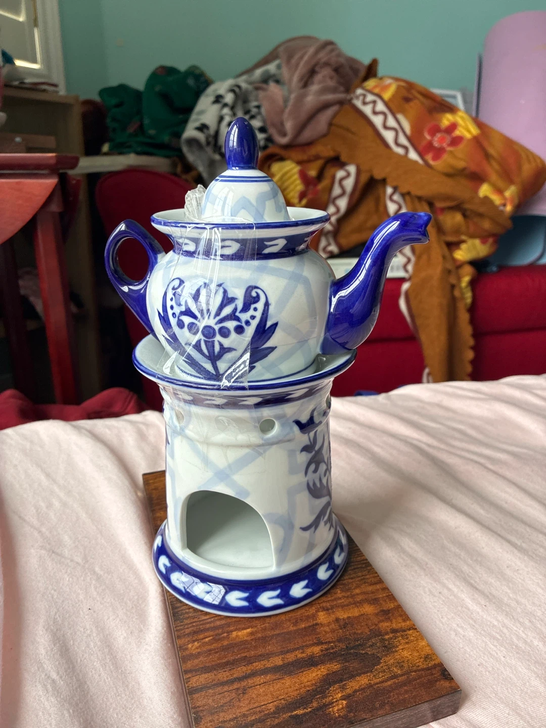 Blue and White Ceramic Tea Warmer with Teapot