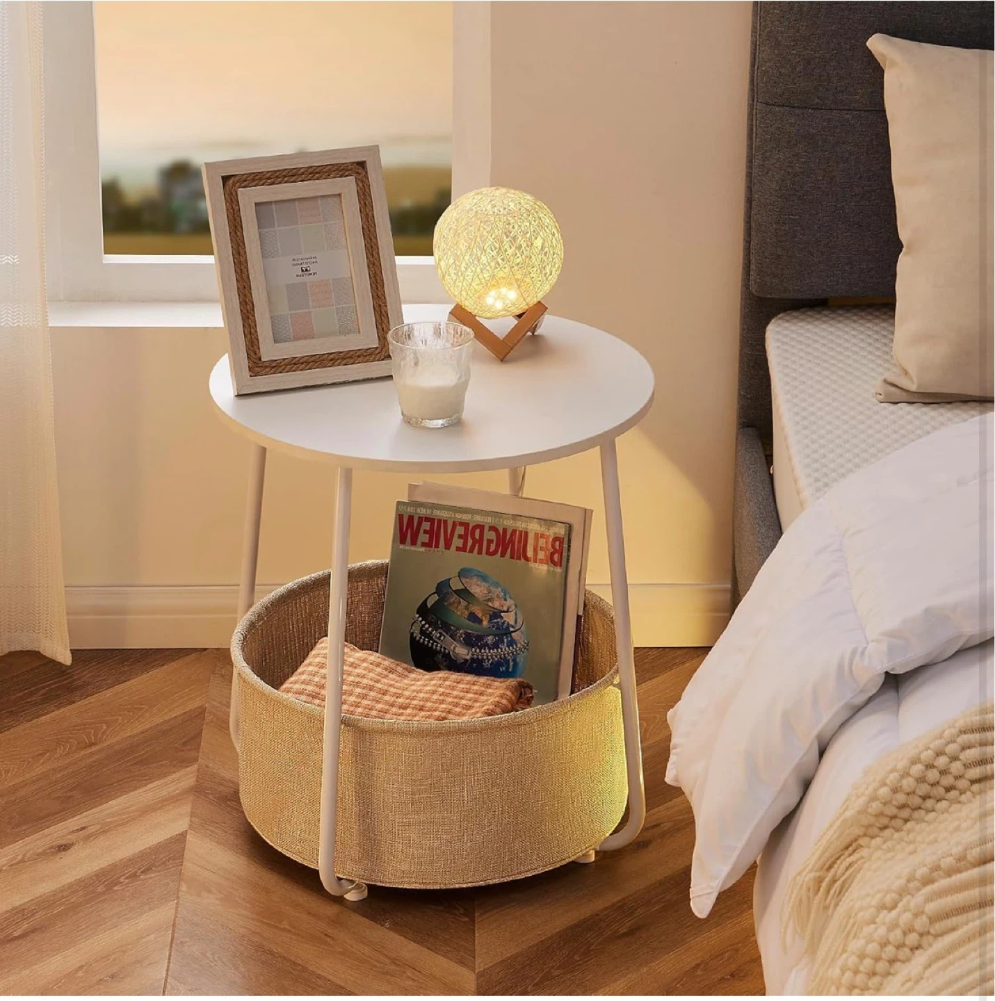 White Round Side Table with Storage Basket - photo 2