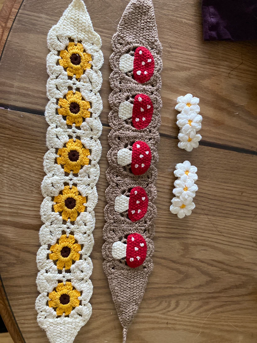 Handmade Crochet Sunflower & Mushroom Headbands with Daisy Clips