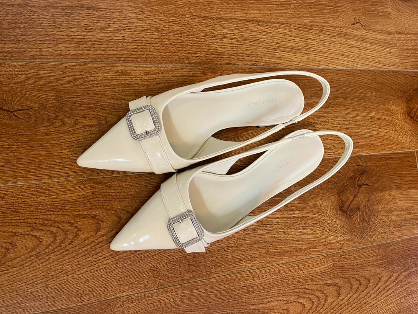 Charles & Keith Patent Crystal-Buckle Slingback Flats