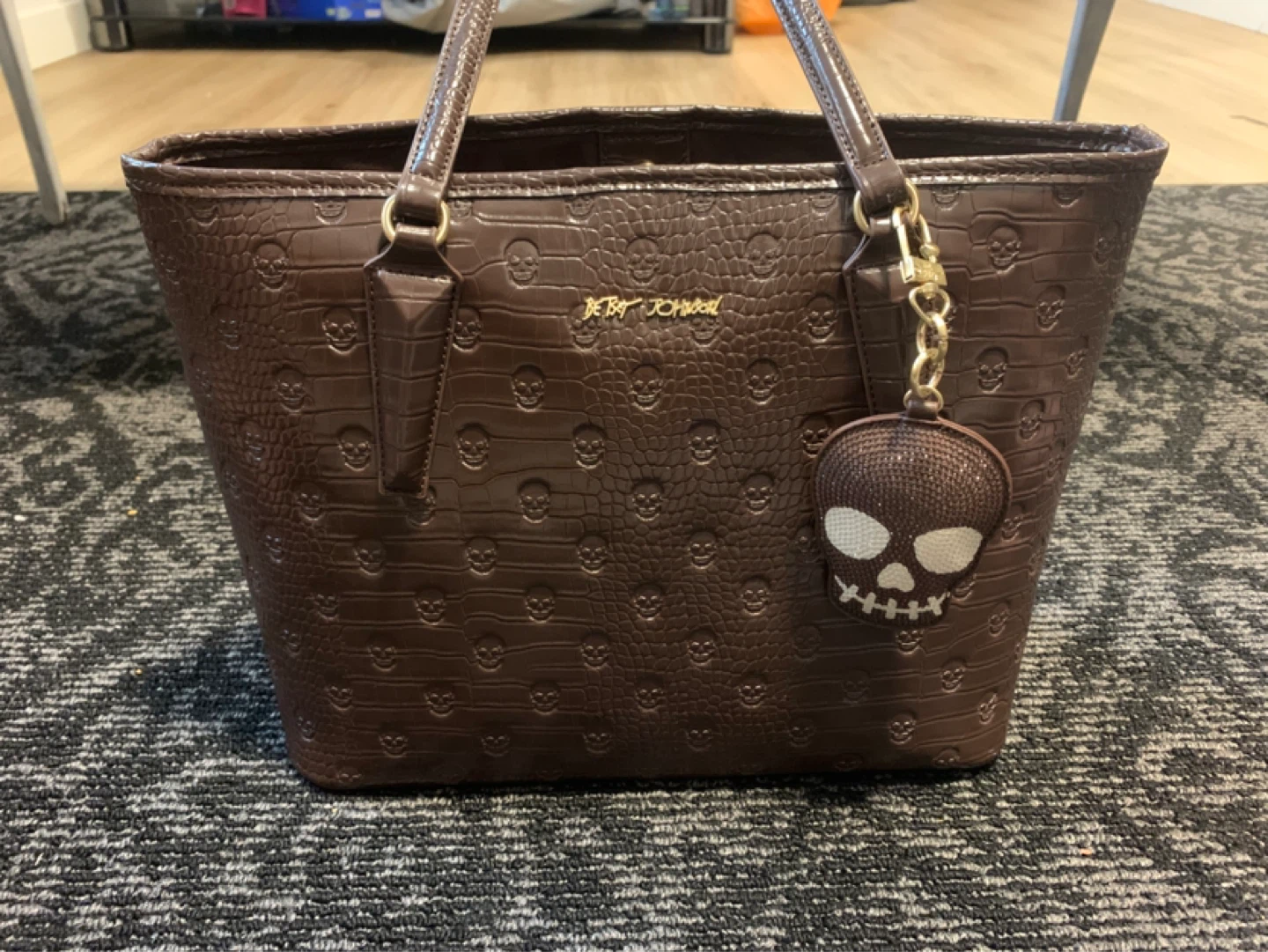 Betsey Johnson Brown Tote Bag with Skull Charm