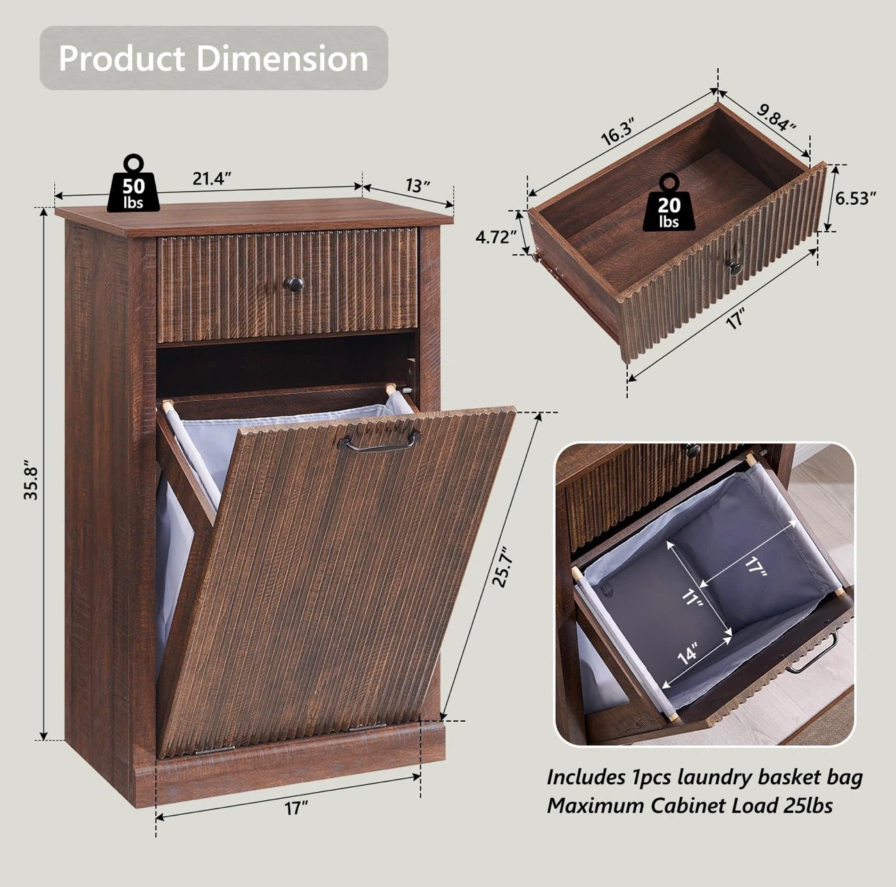 Rustic Wood Laundry Hamper with Drawer