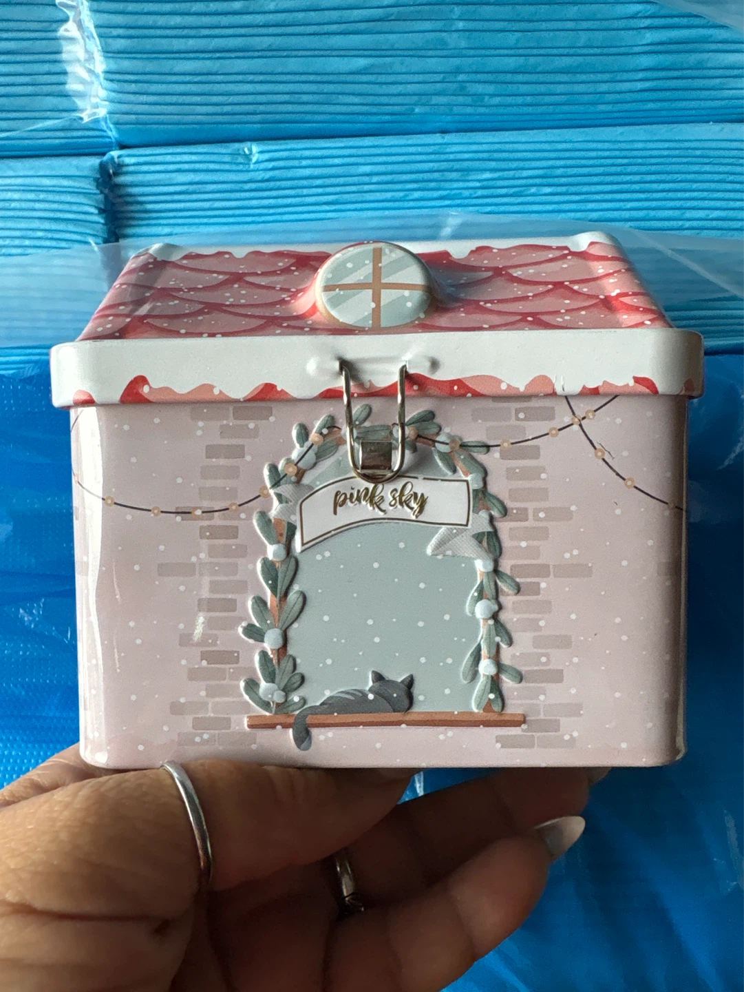 ⚽️ Vintage Pink Sky Tin House Trinket Box collectible