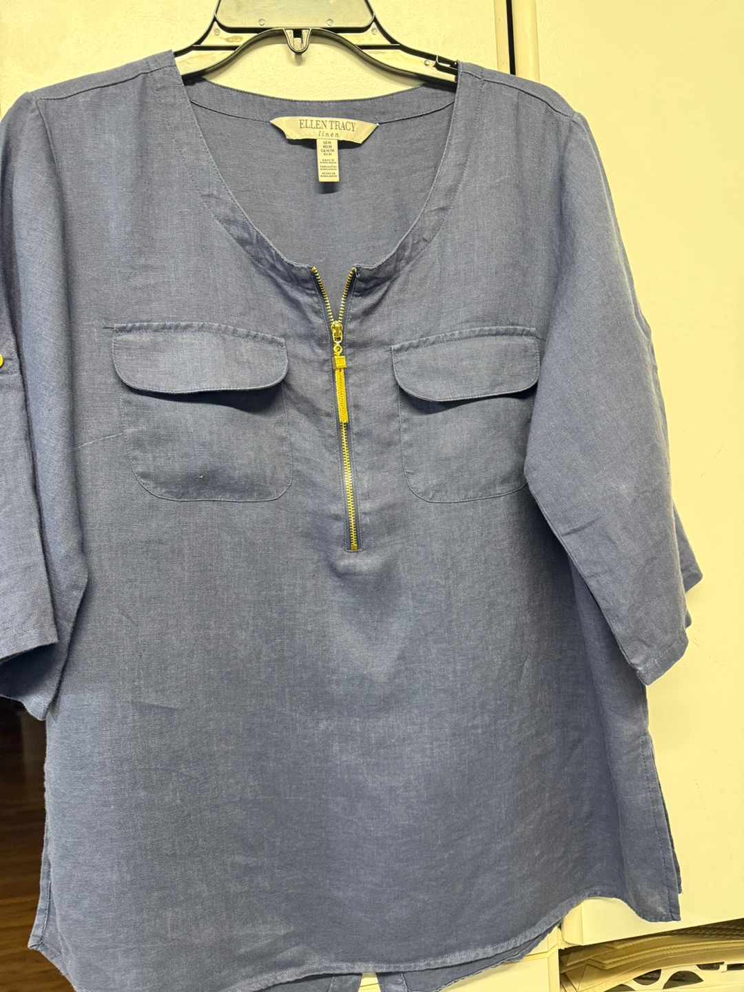 Ellen Tracy Blue Linen Blend 3/4 Sleeve Zip Neck Top - photo 2